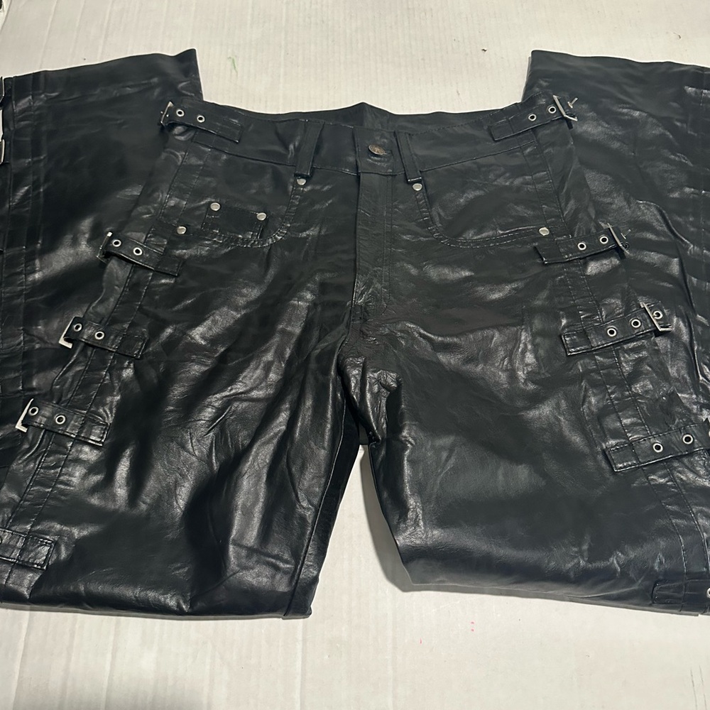 Edgy Black Leather Buckle Pants - Picture 5 of 7